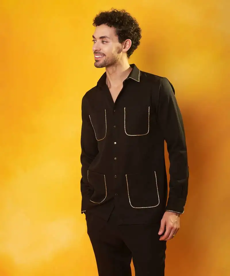 Black crepe plain men shirt & pant