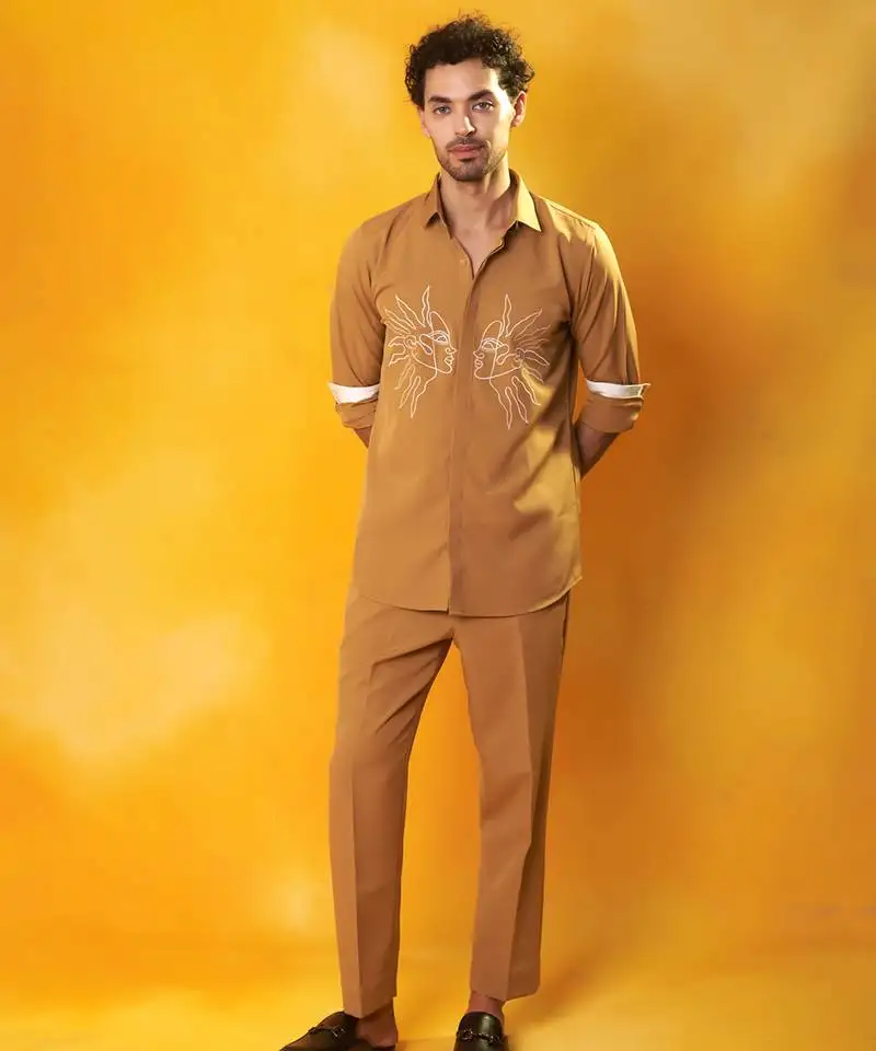 Gold crepe printed men shirt & pant