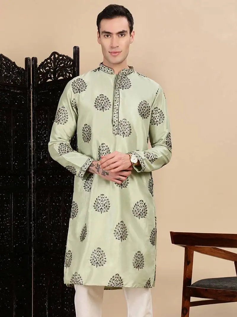 Green silk blend sequins kurta for mens