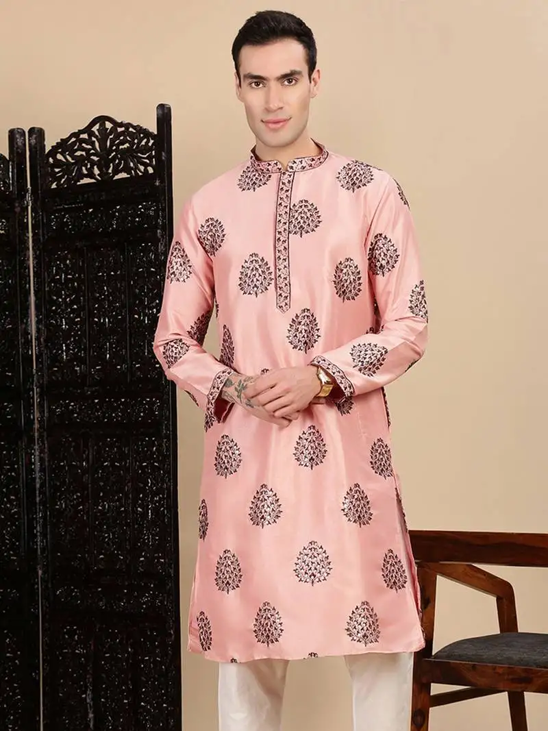 Peach silk blend sequins kurta for mens