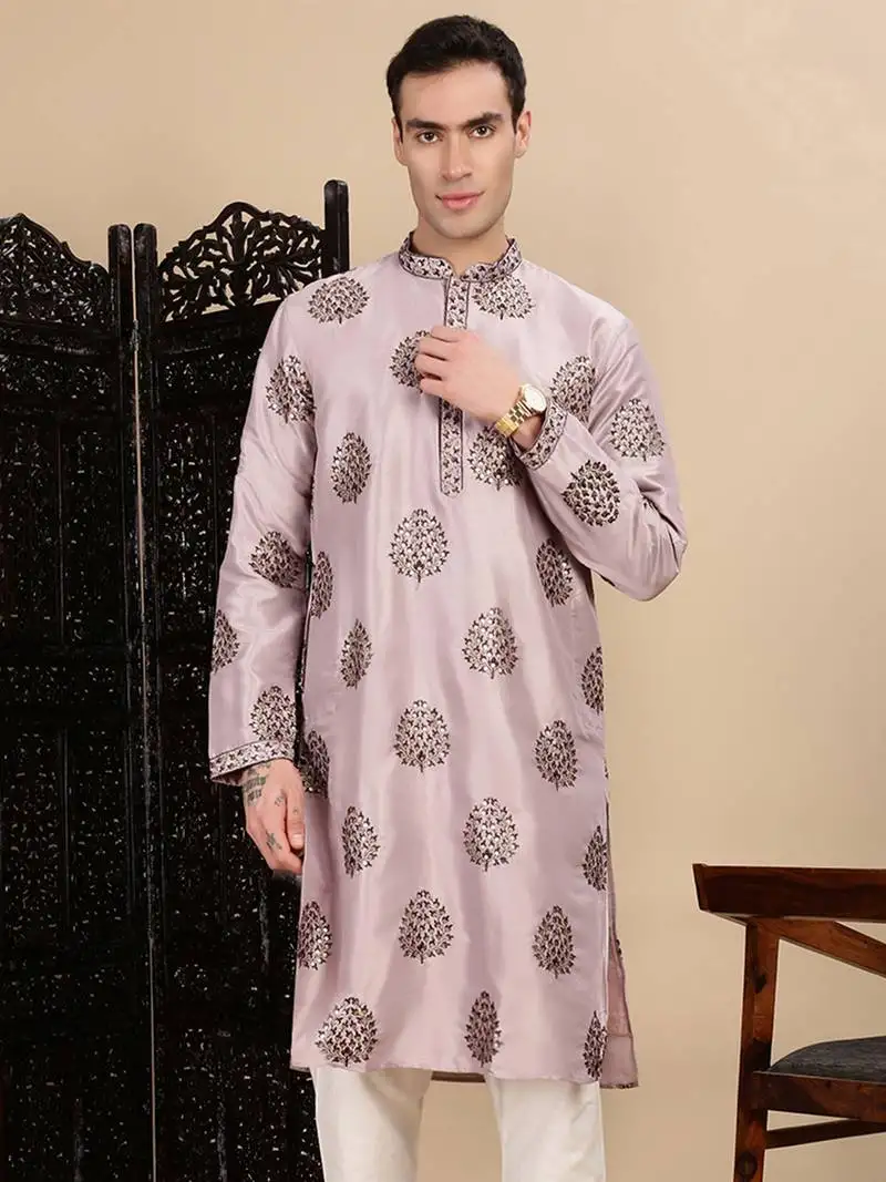 Purple silk blend sequins kurta for mens
