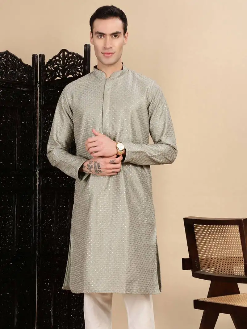 Pista silk blend sequins kurta for mens