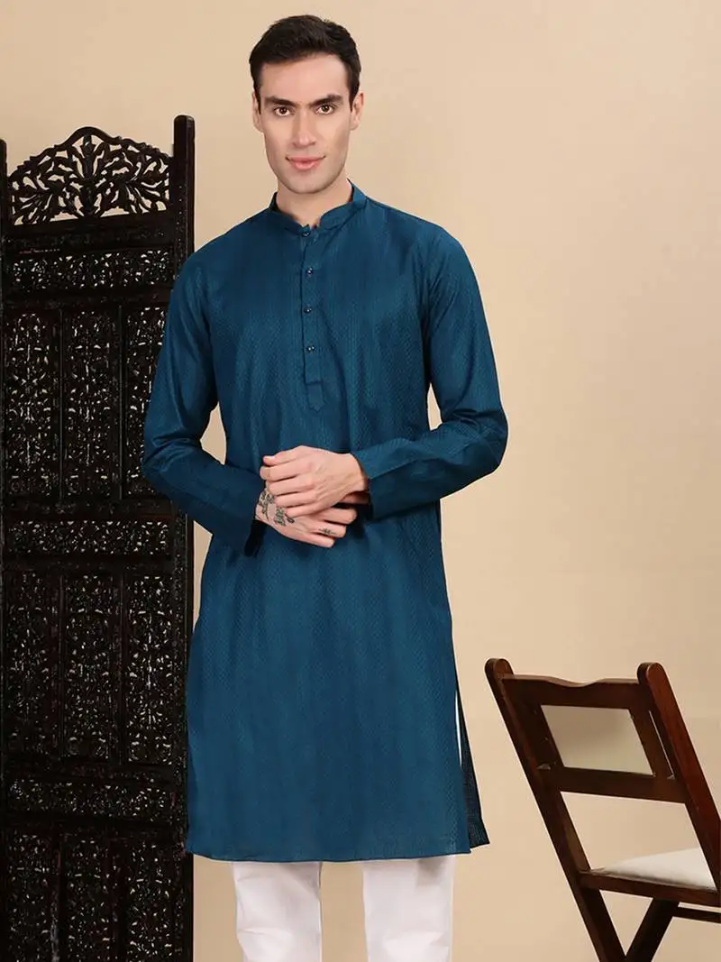Blue cotton textured kurta for mens