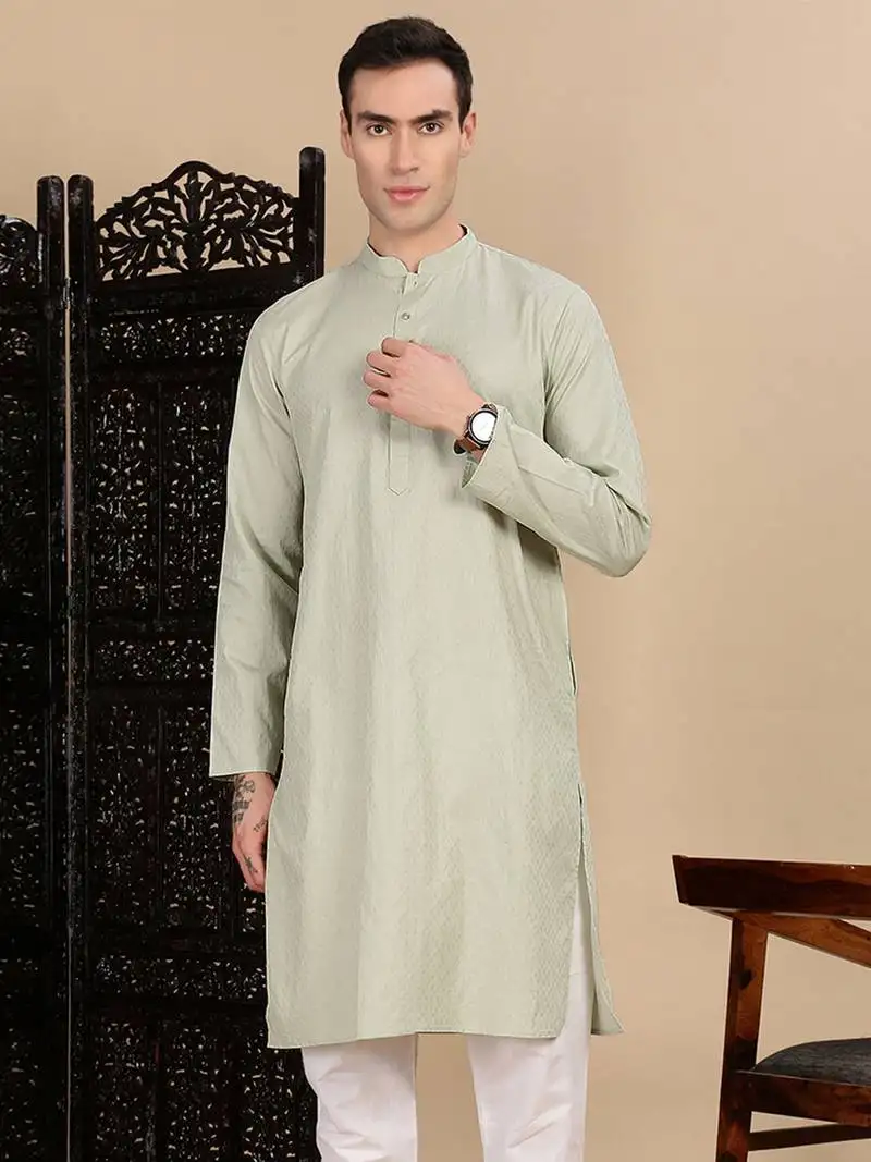 Green cotton textured kurta for mens