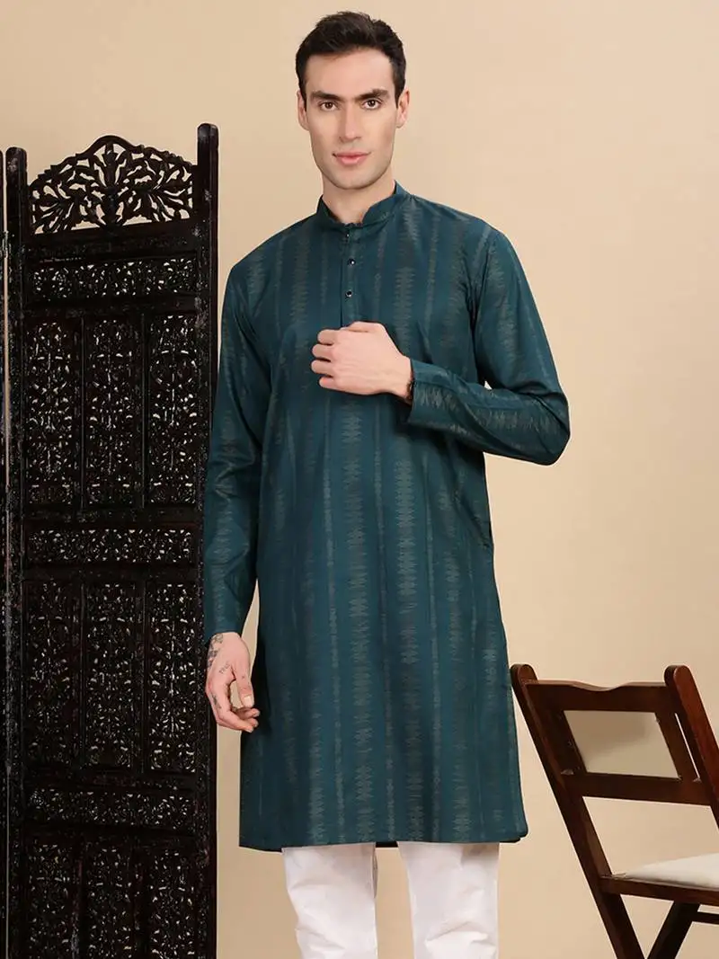 Firozi cotton textured kurta for mens