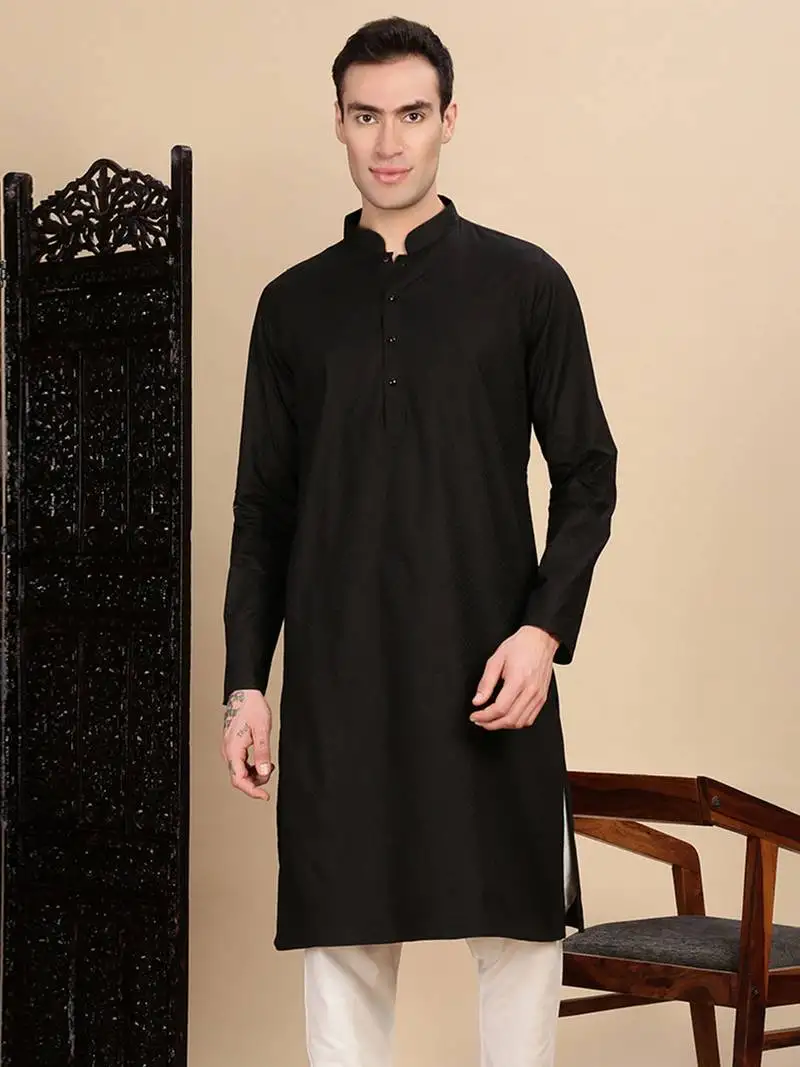 Black cotton textured kurta for mens