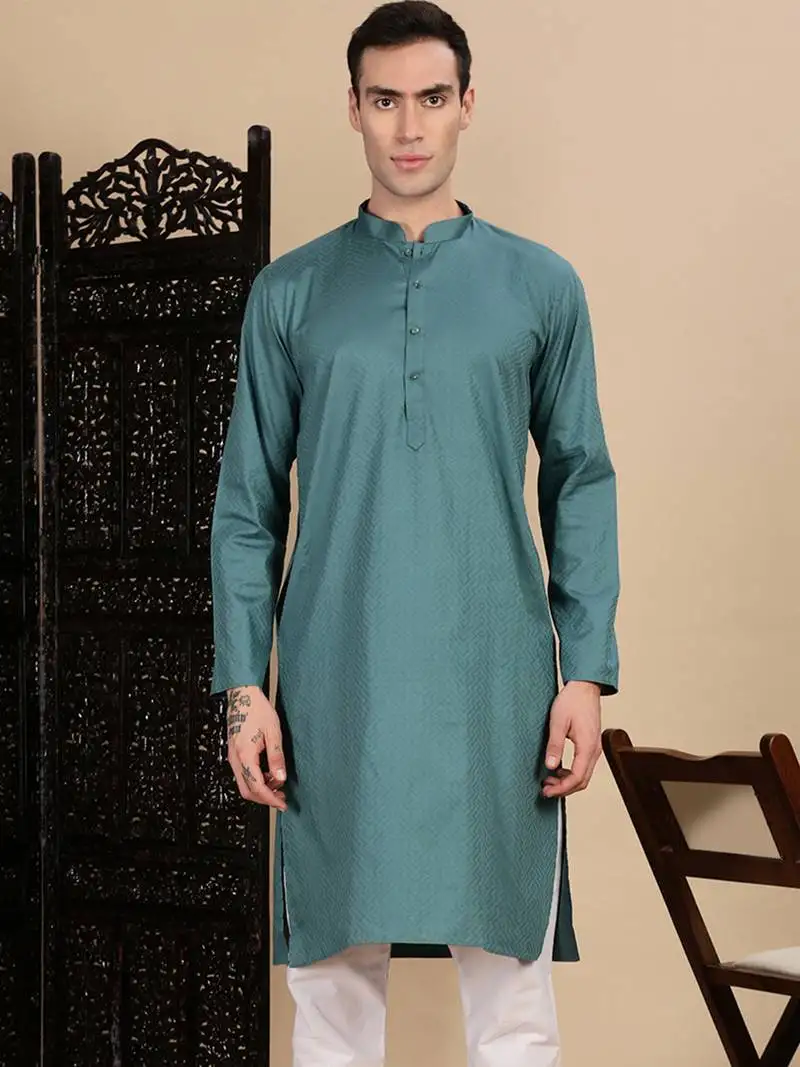 Grey cotton textured kurta for mens