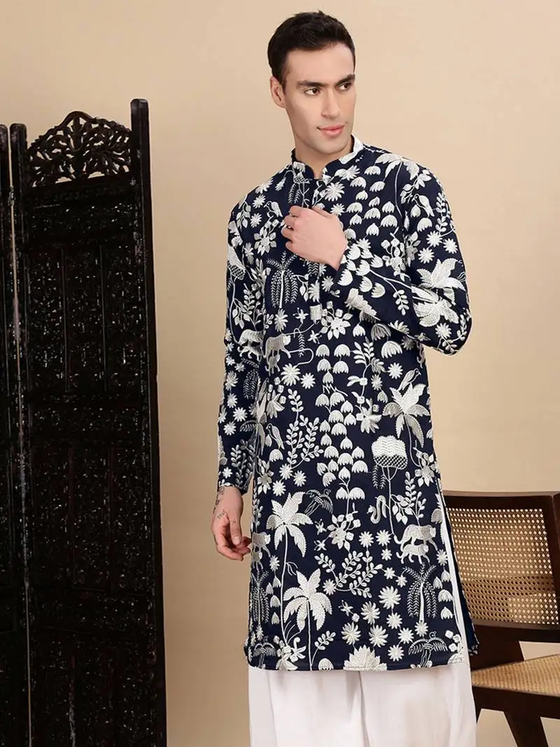 Deep blue silk blend chikankari kurta for mens