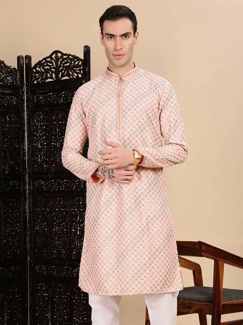Light pink cotton sequins kurta for mens