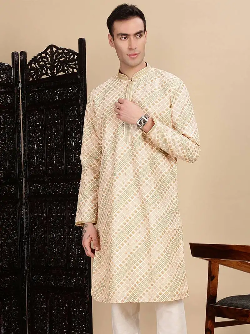 Deep beige cotton sequins kurta for mens