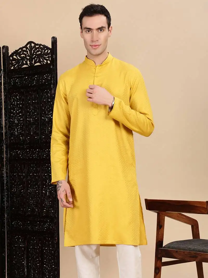Mustard cotton textured kurta for mens