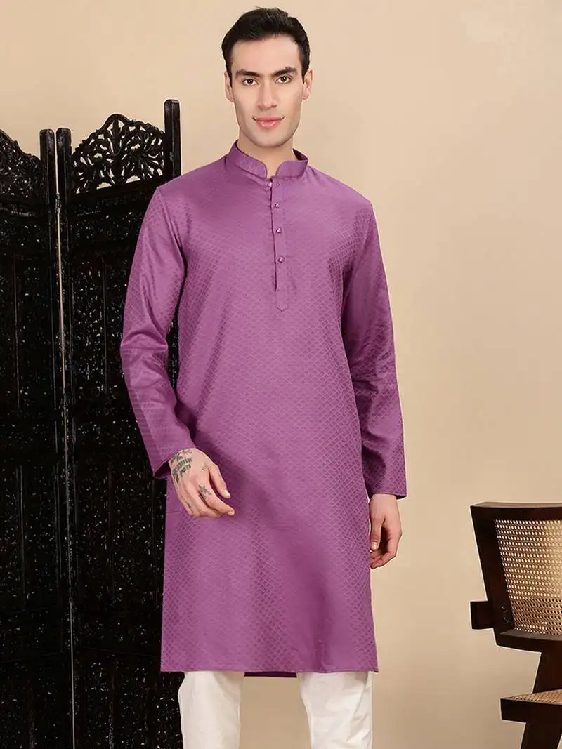 Mauve cotton textured kurta for mens