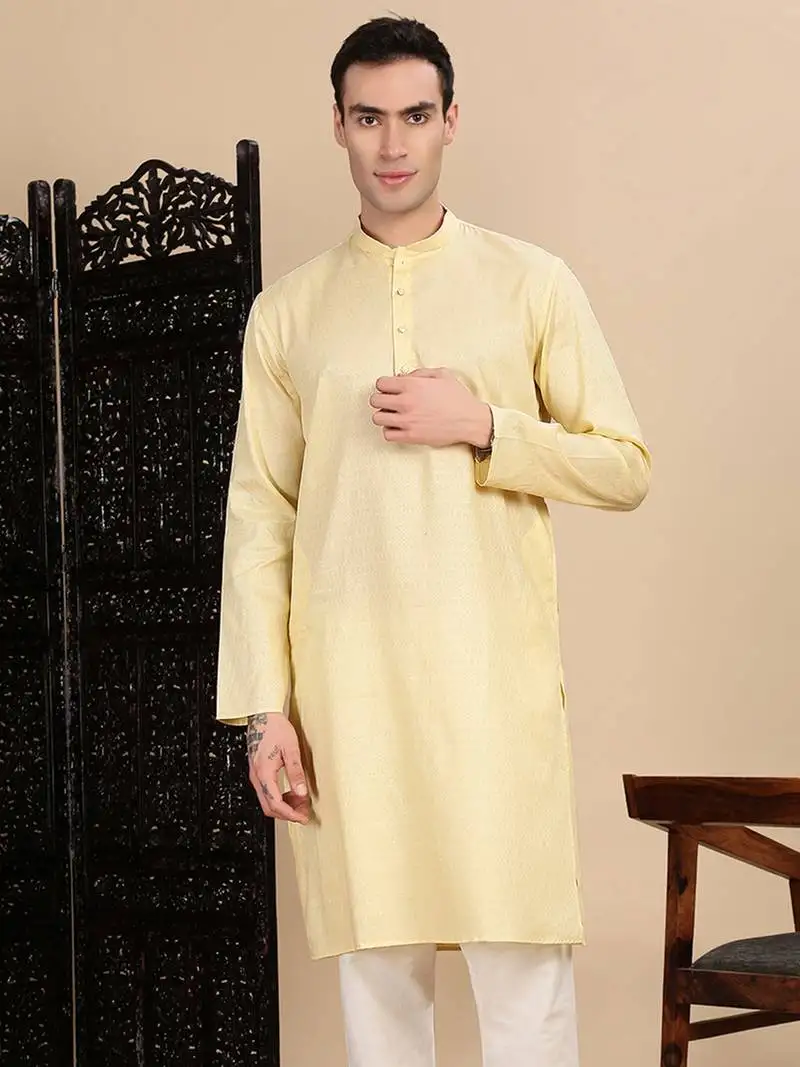 Beige cotton textured kurta for mens