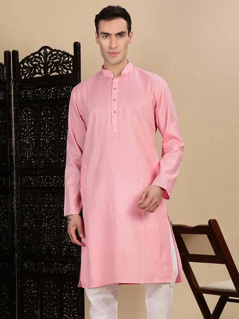 Light pink cotton textured kurta for mens