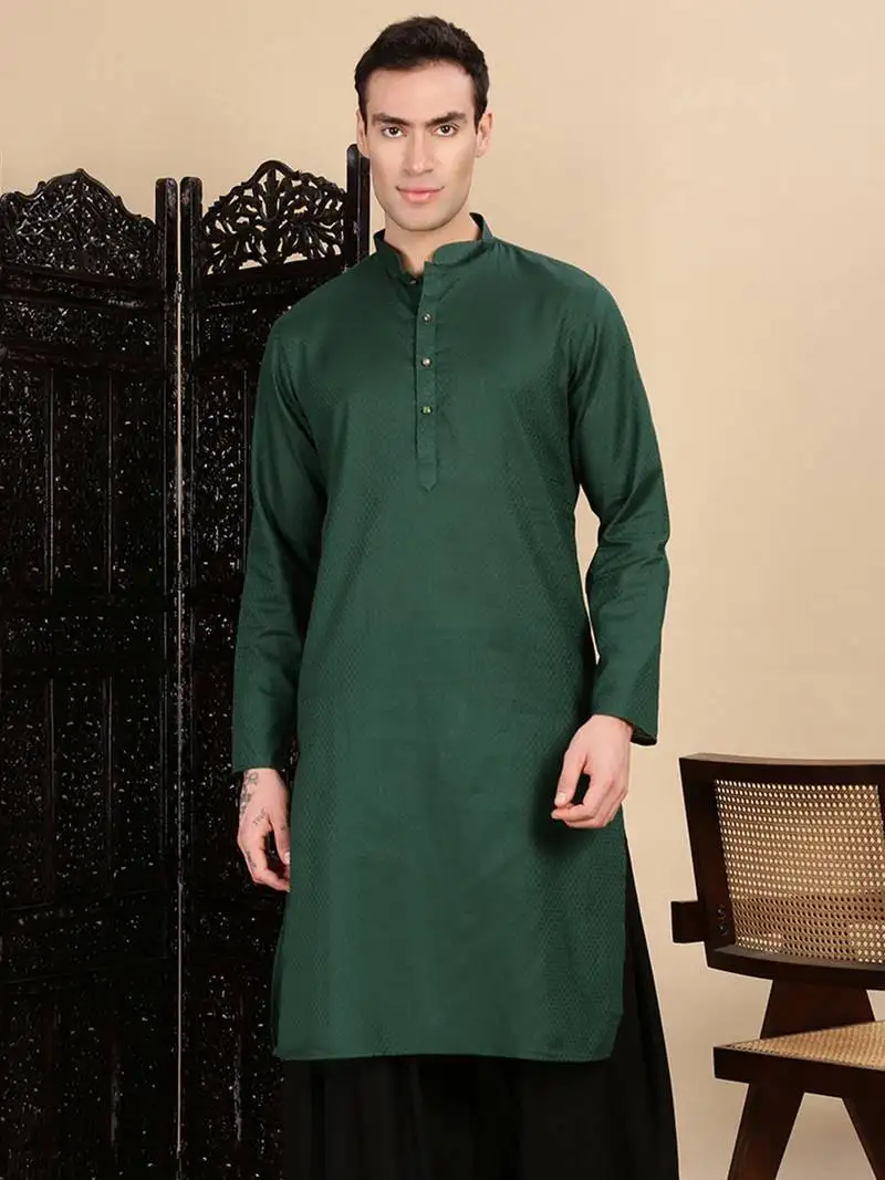 Deep green cotton textured kurta for mens