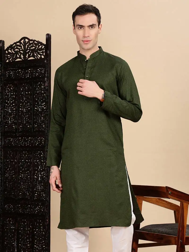 Olive cotton textured kurta for mens
