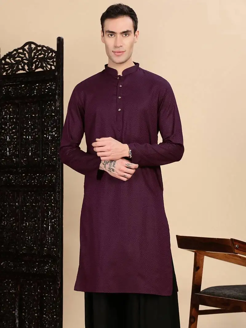 Purple cotton textured kurta for mens