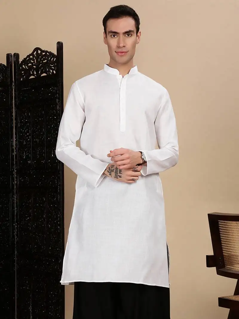White cotton solid kurta for mens