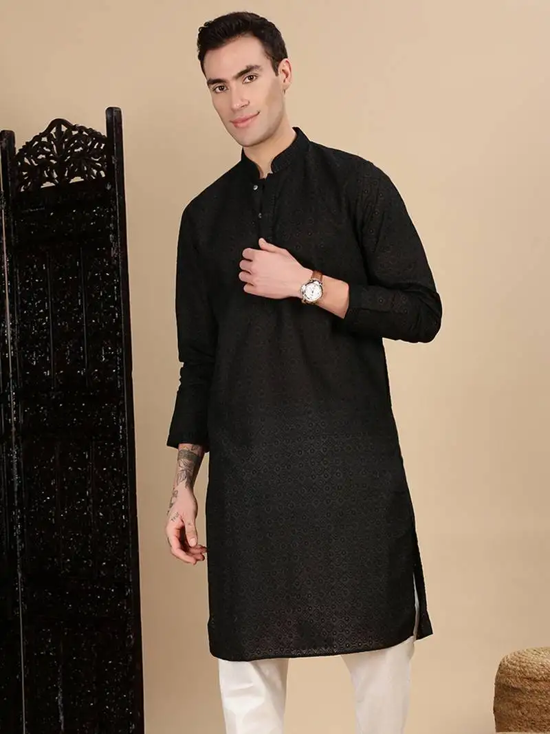 Black cotton chikankari kurta for mens