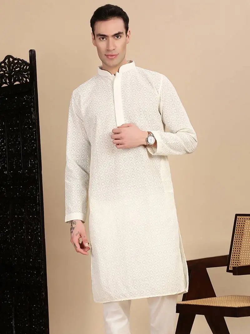 Off white cotton chikankari kurta for mens