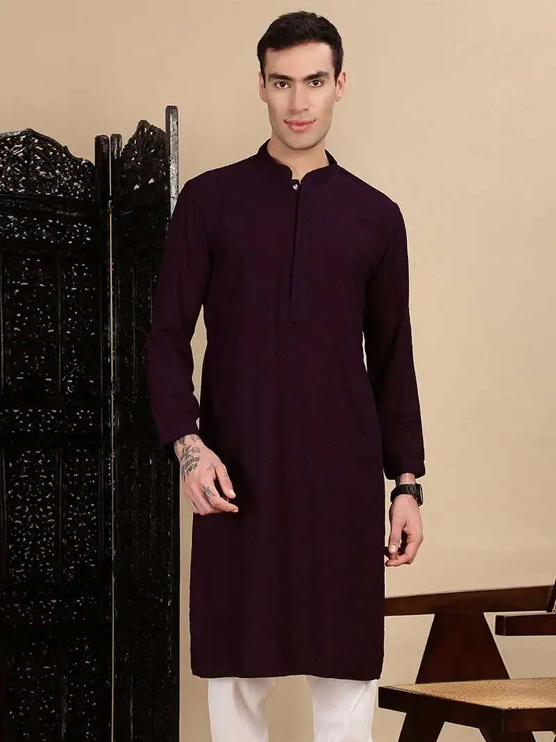 Purple cotton chikankari kurta for mens