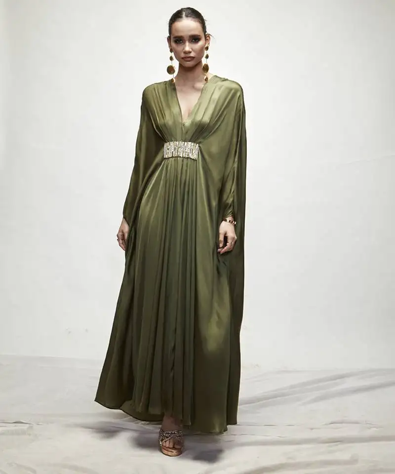 Olive green plain silk kaftaan