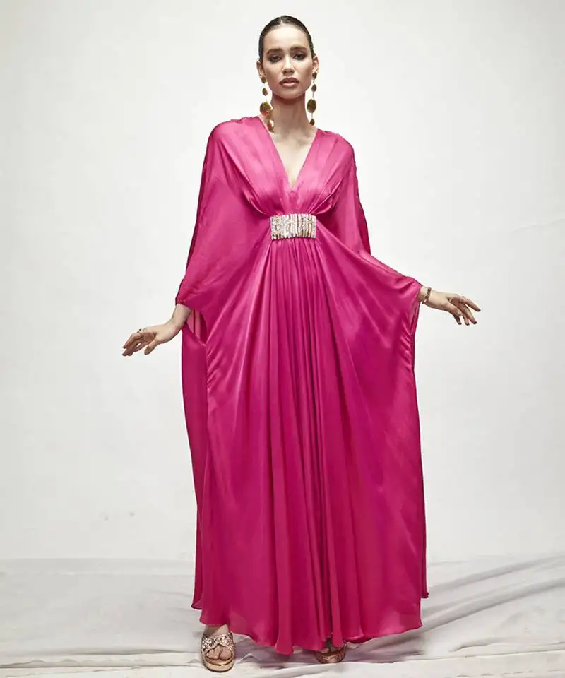 Fuschia pink plain silk kaftaan