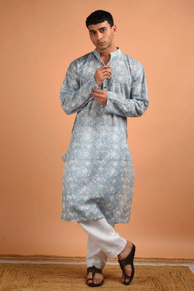 Grey cotton printed full sleeves kurta for mens