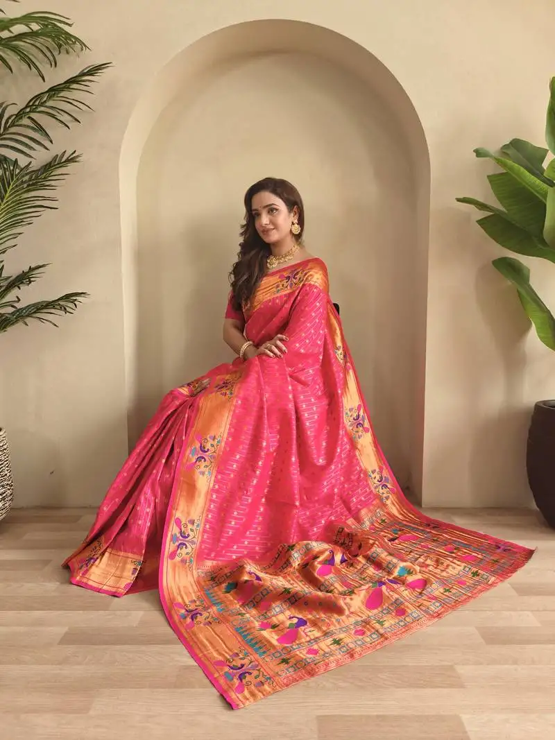 Pink paithani design saree with contrast weaving pallu and blouse
