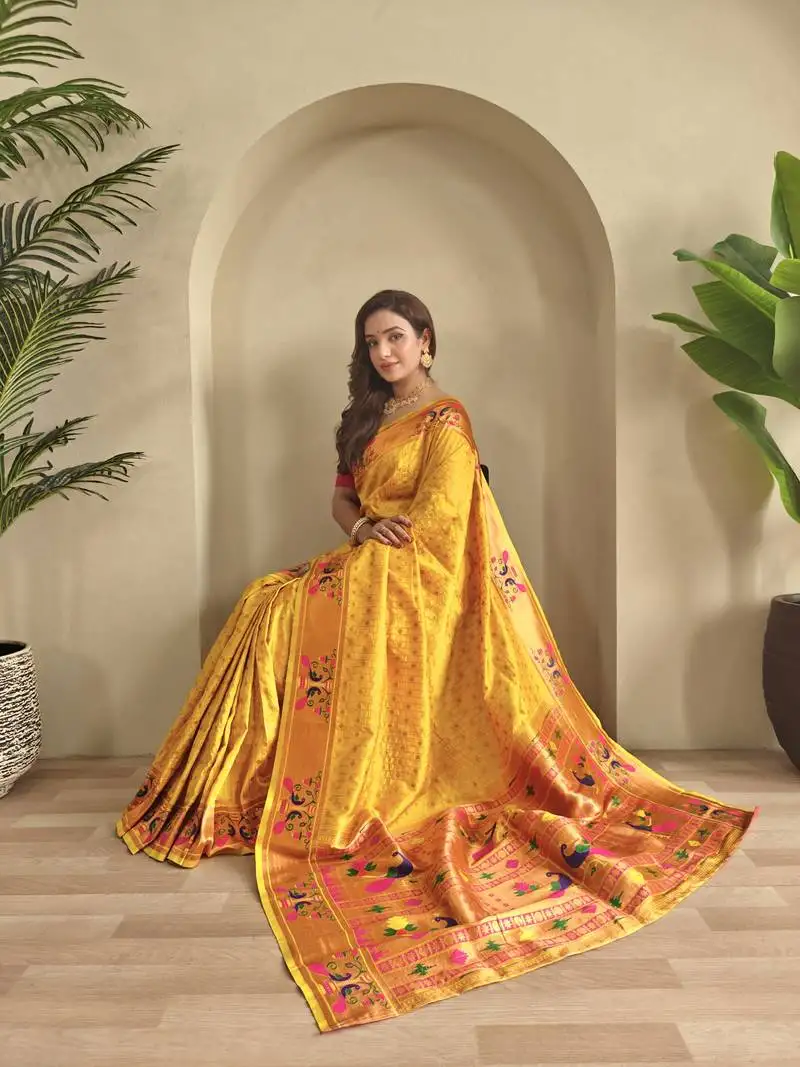 Yellow paithani design saree with contrast weaving pallu and blouse