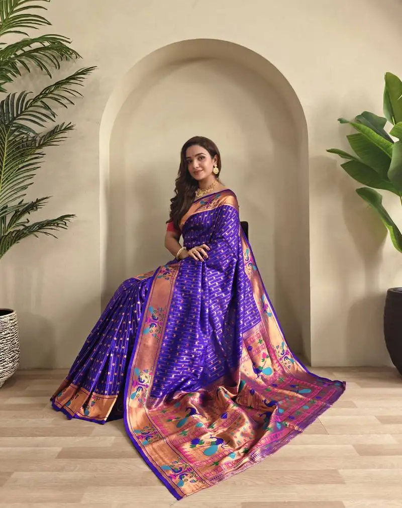 Violet paithani design saree with contrast weaving pallu and blouse