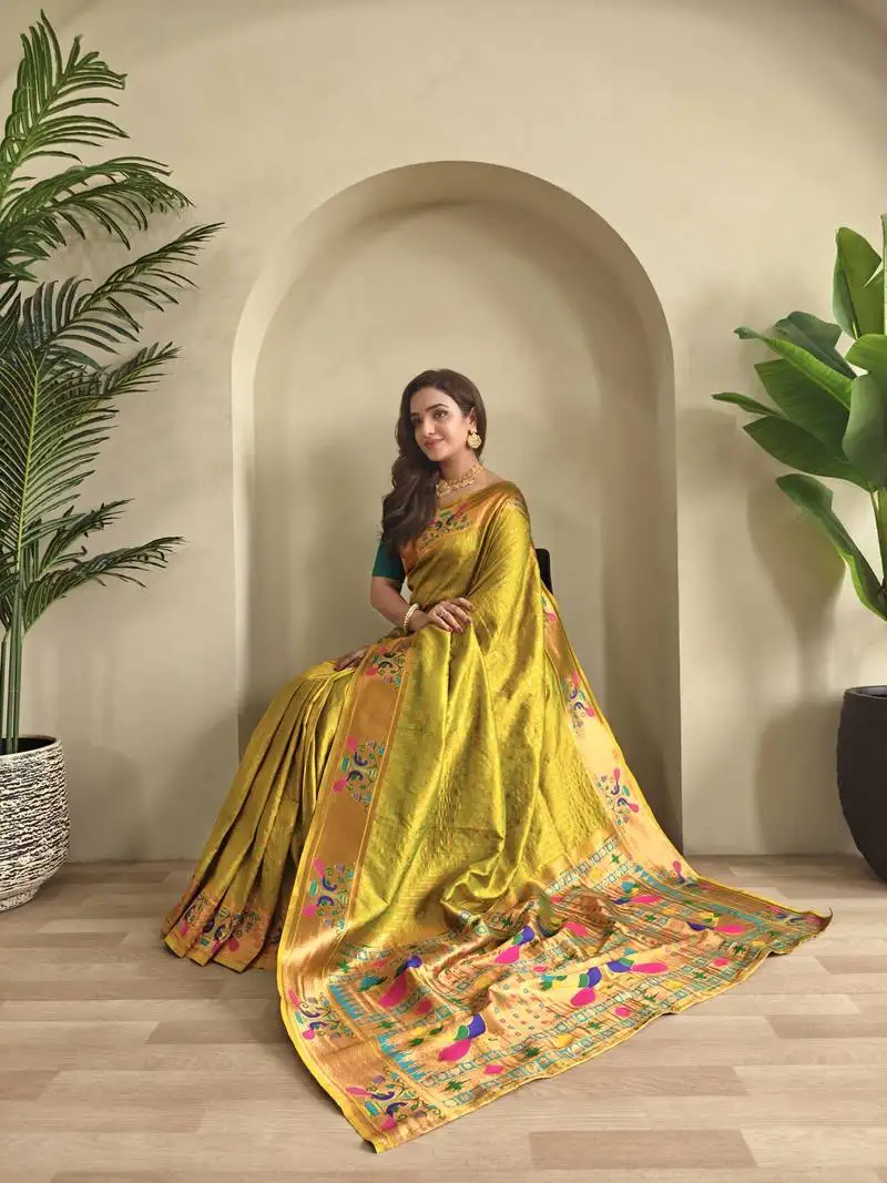 Lemon yellow paithani design saree with contrast weaving pallu and blouse