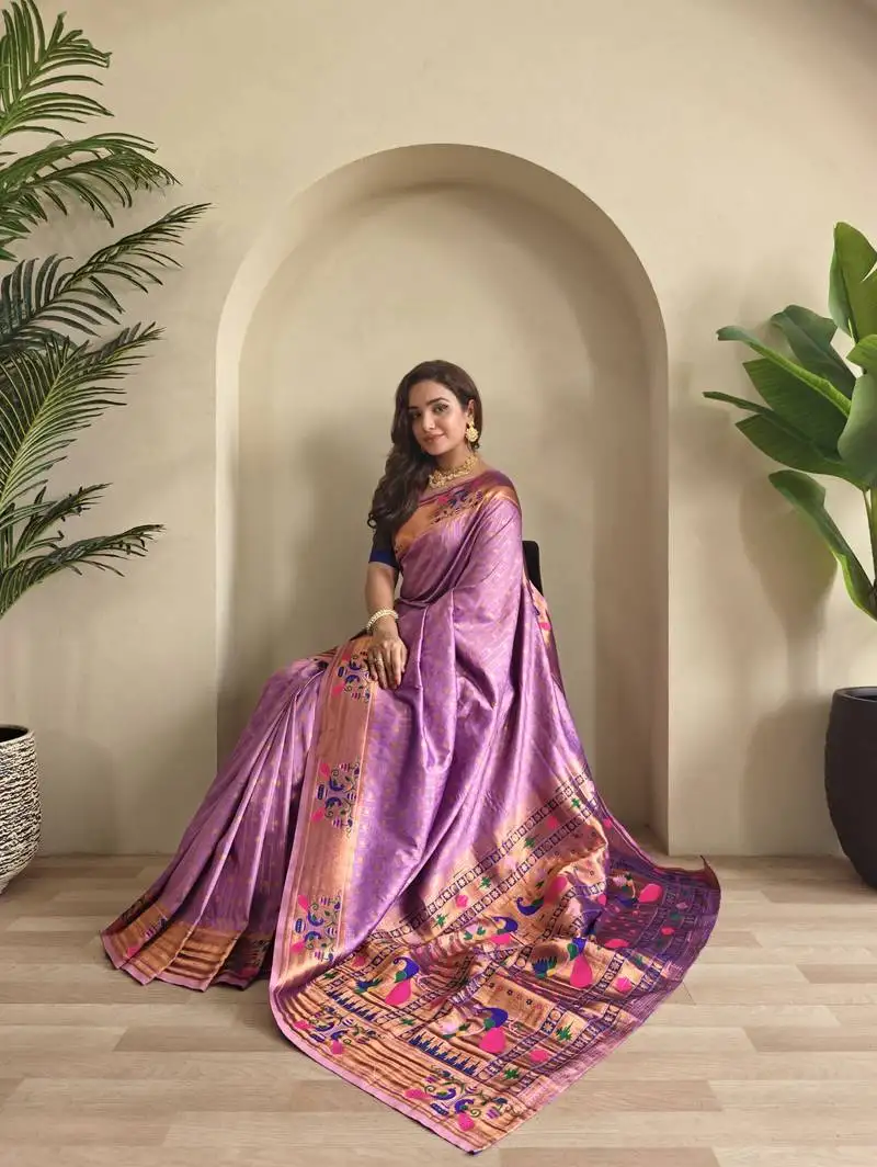 Lavender paithani design saree with contrast weaving pallu and blouse