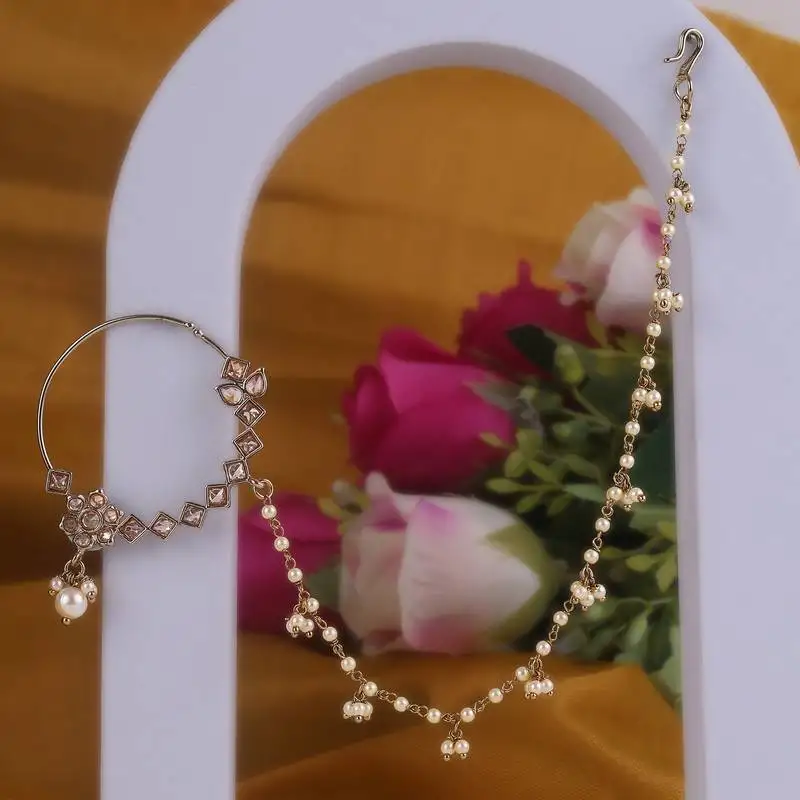 Traditional leaf and flower shape gold plated nose ring with string(nathiya) for women
