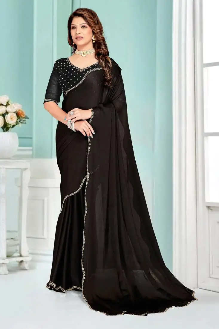 Black zarkan embroidered satin chiffon silk saree with matching blouse