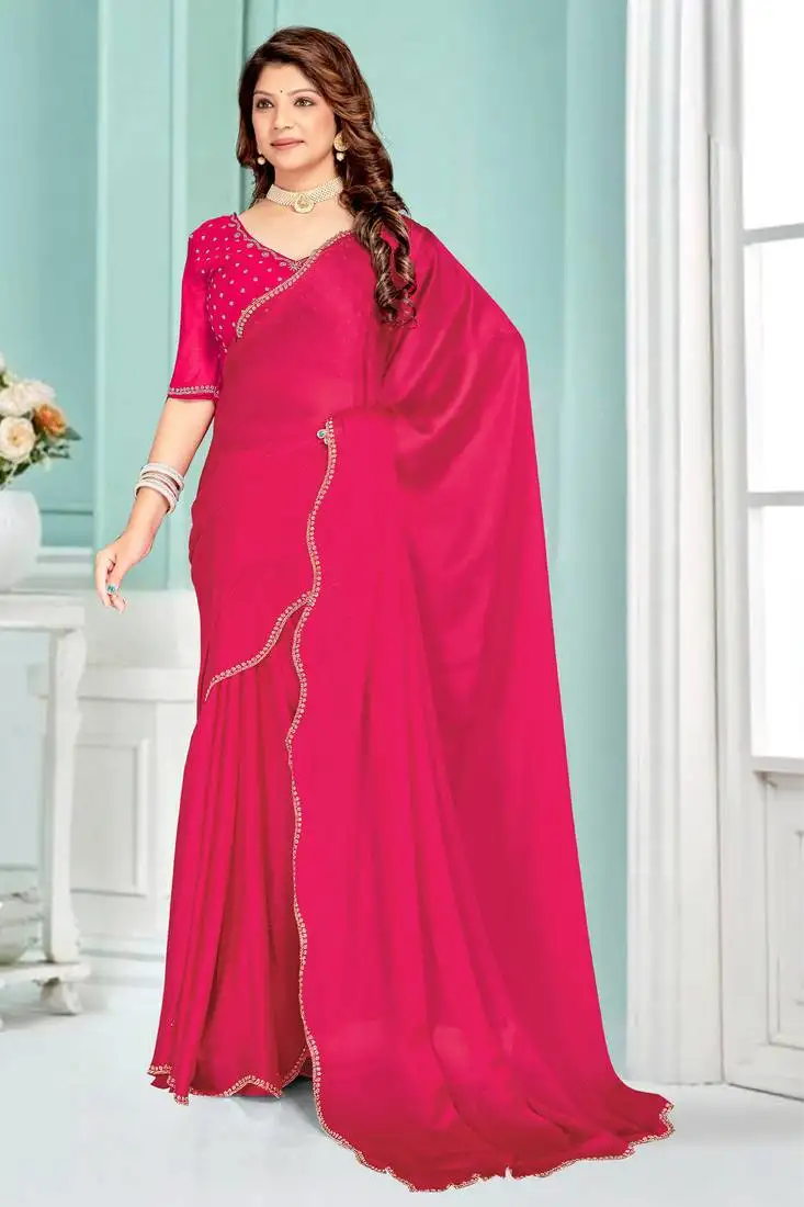 Magenta zarkan embroidered satin chiffon silk saree with matching blouse