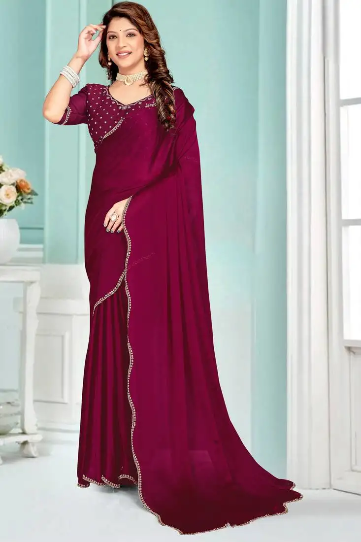 Purple zarkan embroidered satin chiffon silk saree with matching blouse