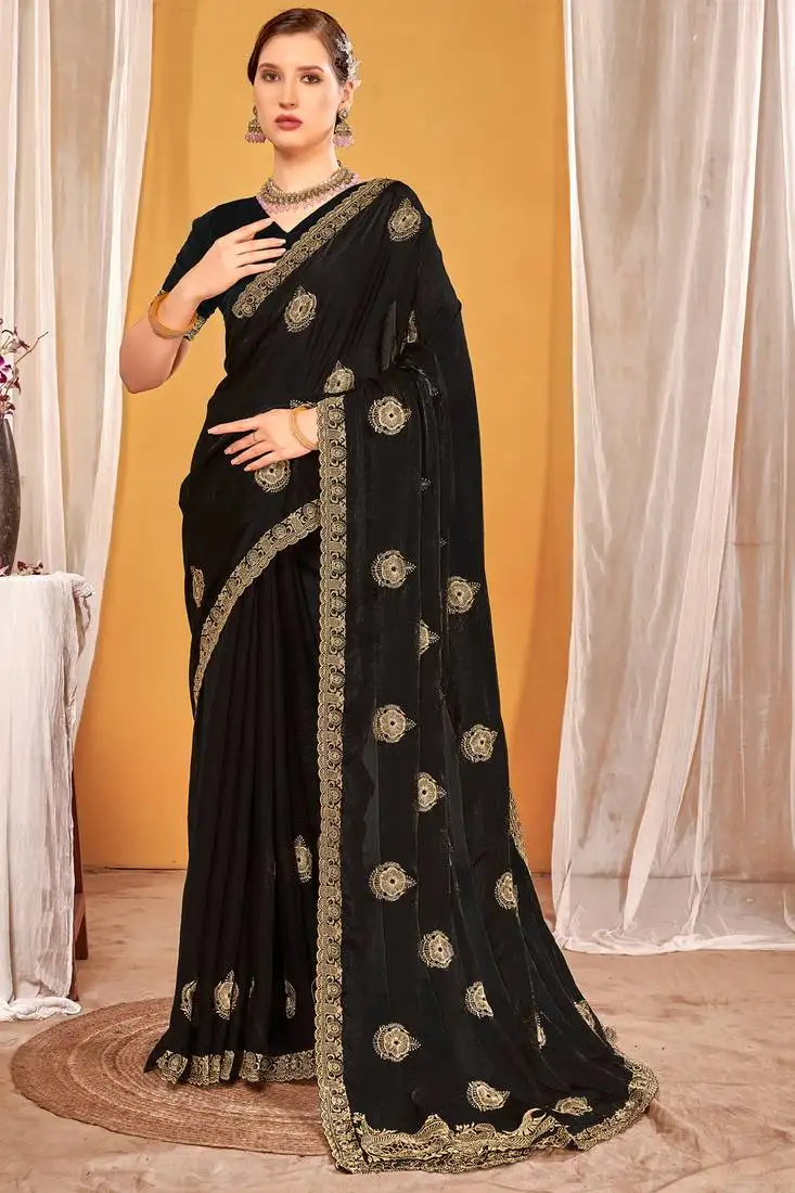 Black zari embroidered two tone silk saree with matching blouse
