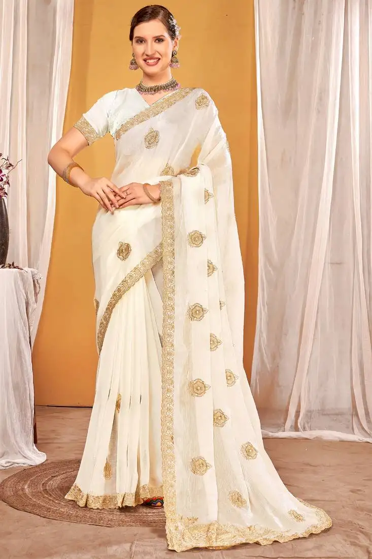 White zari embroidered two tone silk saree with matching blouse