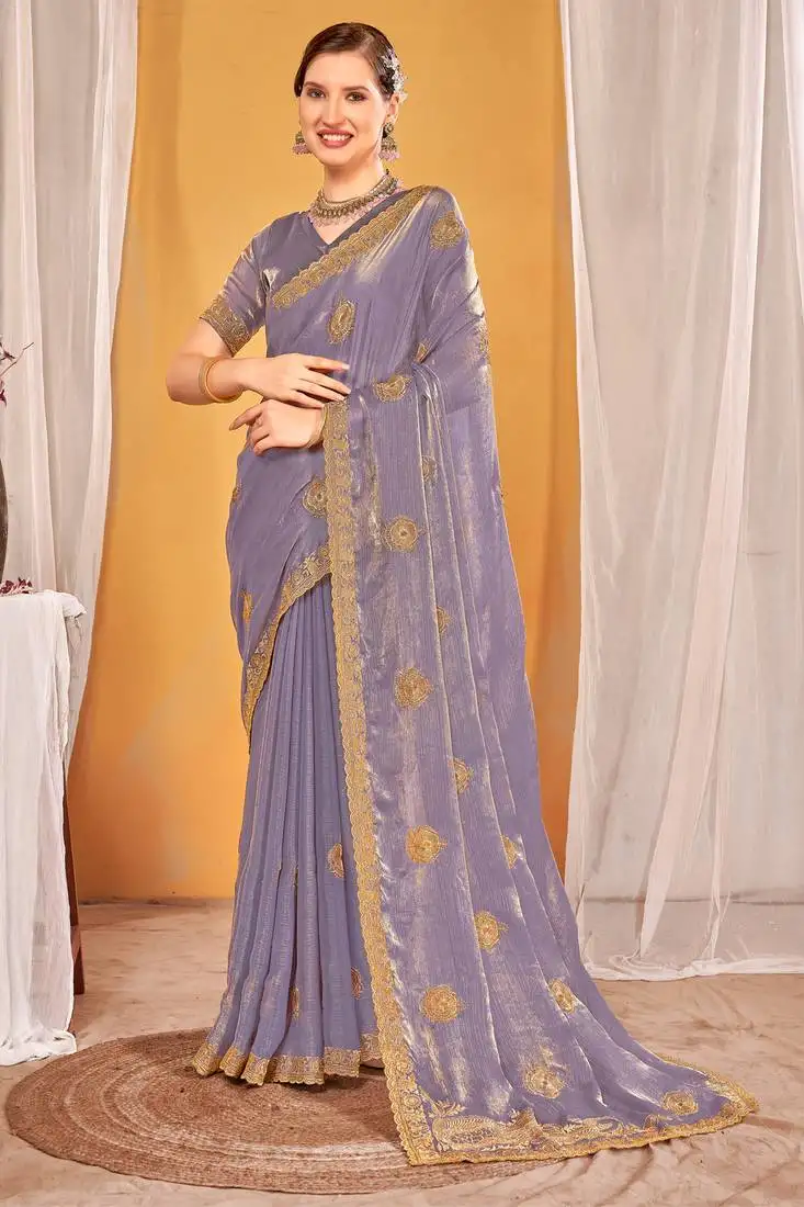 Lavender zari embroidered two tone silk saree with matching blouse
