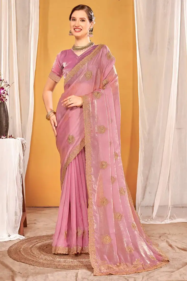 Pink zari embroidered two tone silk saree with matching blouse