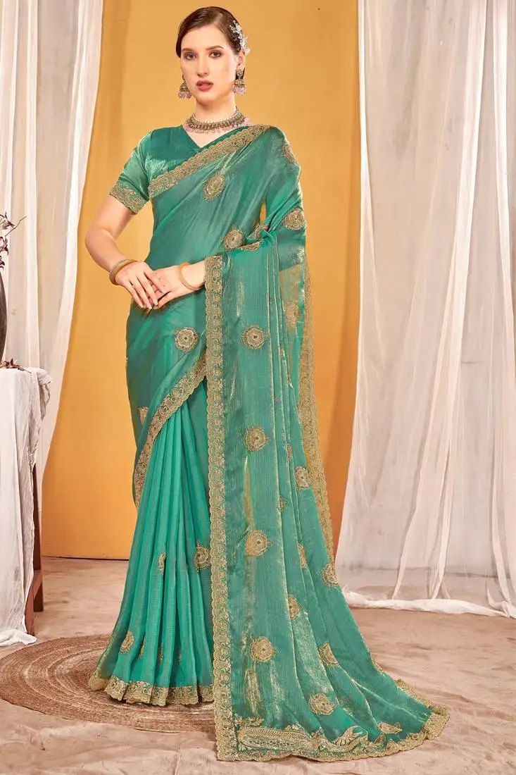 Green zari embroidered two tone silk saree with matching blouse