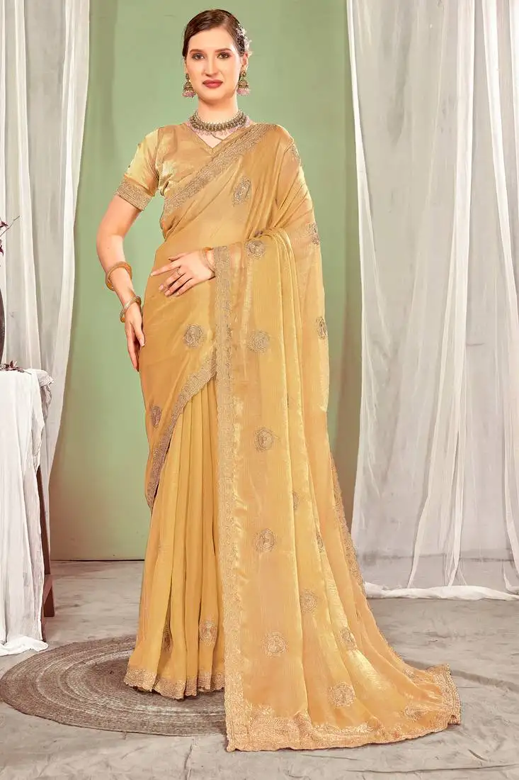 Beige zari embroidered two tone silk saree with matching blouse