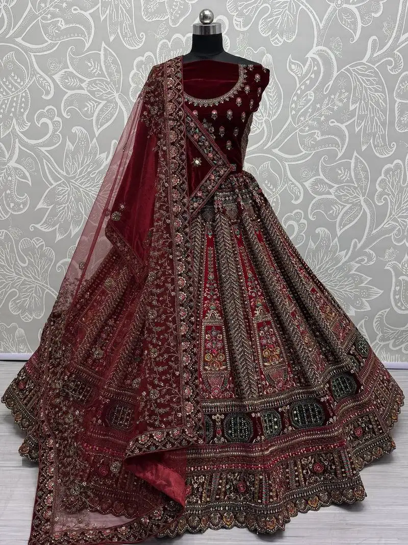 Red velvet thread embroidered bridal lehenga choli with dupatta