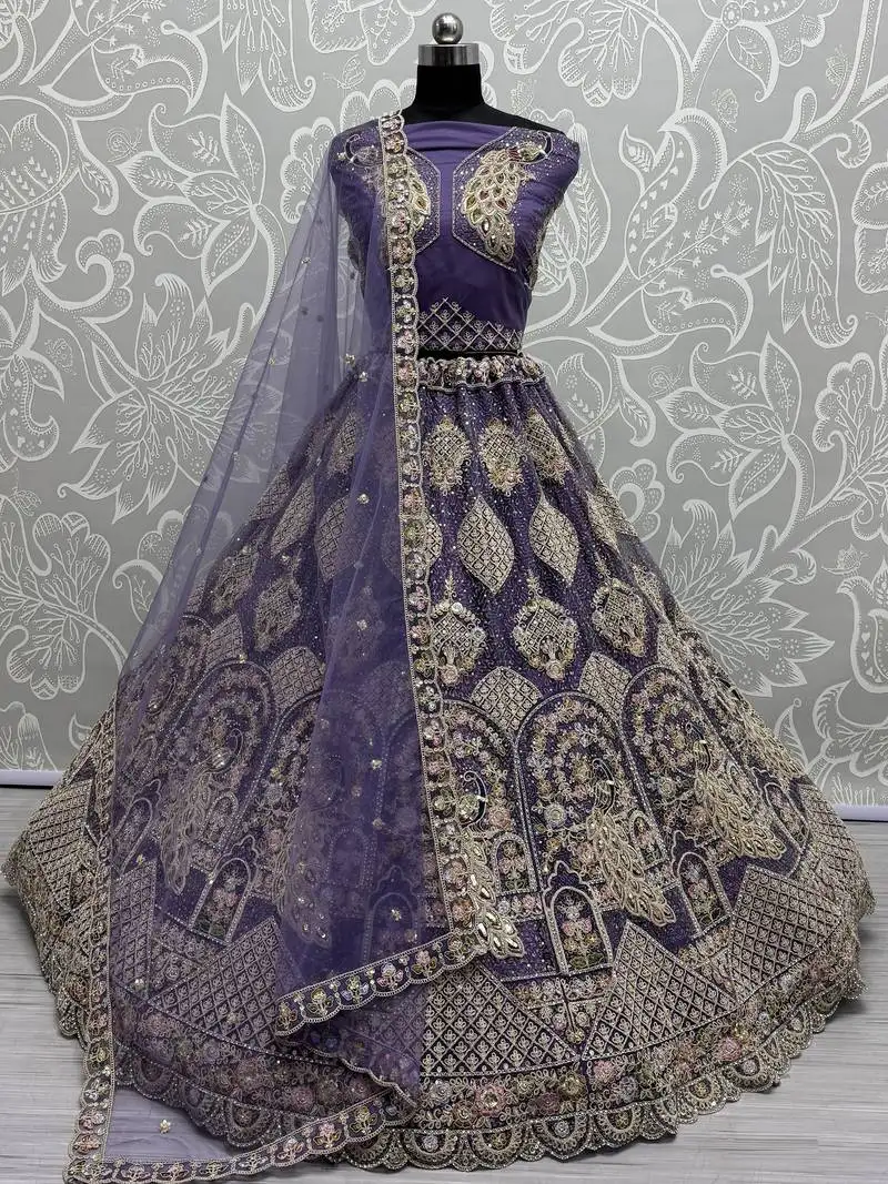 Purple net sequins bridesmaids lehenga choli with dupatta