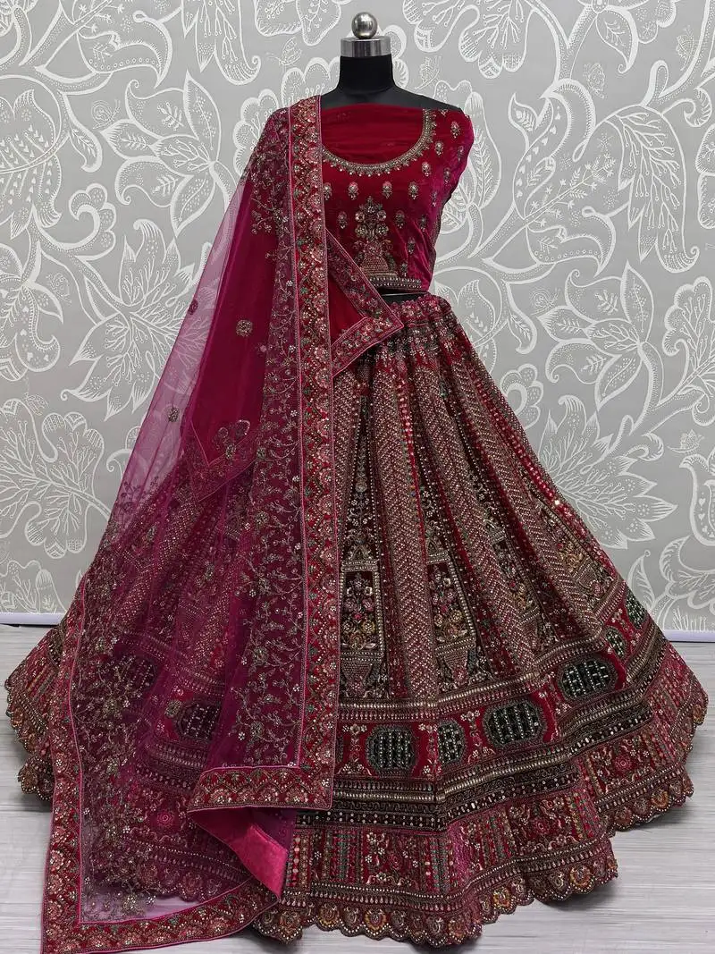 Pink velvet hand mirror work bridal lehenga choli with dupatta