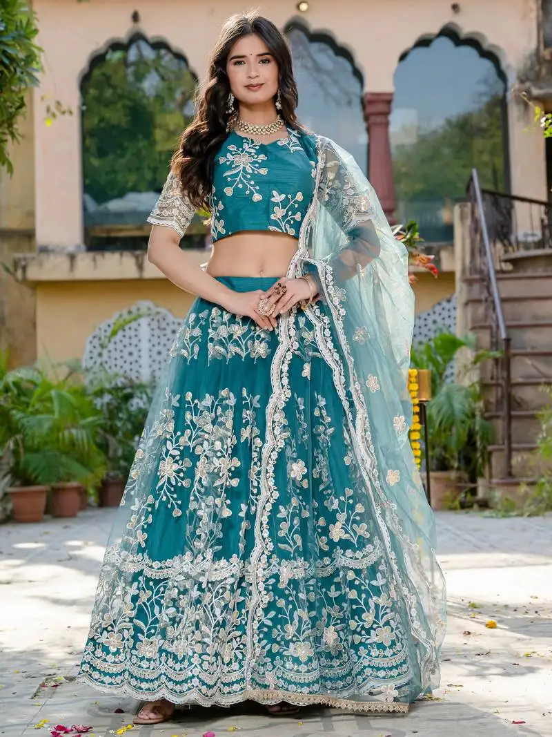 Rama blue thread embroidered wedding wear lehenga choli