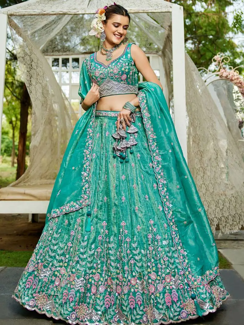 Sea green tissue sequins work wedding wear lehenga choli