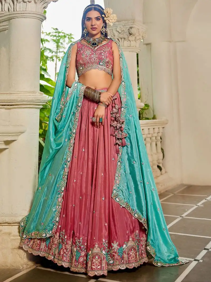 Pink satin sequins work lehenga choli with dupatta