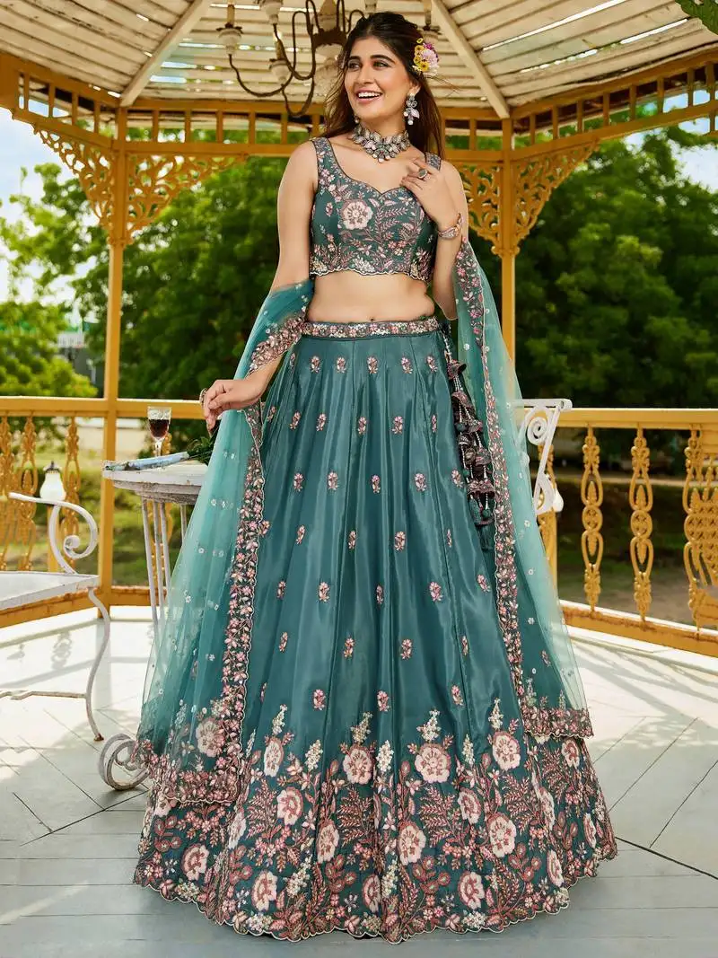 Sea green satin sangeet wear lehenga choli with dupatta